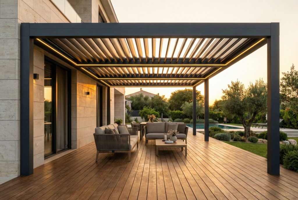 פרגולה מודרנית עם תאורת LED מובנית ודק עץ יוקרתי במרחב אירוח חוץ - עץ האביב