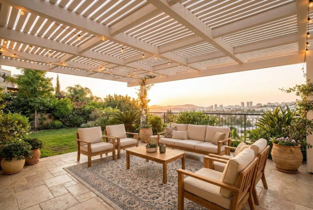 פרגולה לבנה מודרנית וריהוט גן יוקרתי במרפסת שמש מעוצבת בשעת השקיעה - עץ האביב