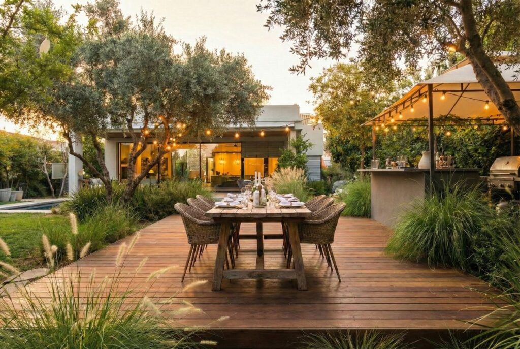 דק עץ יוקרתי עם פינת אוכל חיצונית, עץ זית ותאורת גינה מעוצבת - עץ האביב